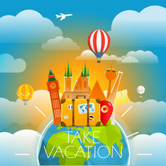 Fototapete - Vacation travelling concept. Vector travel illustration with dif