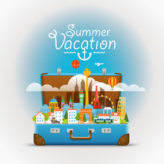 Poster - Dirrefent world famous sights. Summer vacation. Modern cityscape