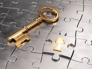 Wall Mural - Golden key and puzzle. 3d illustration