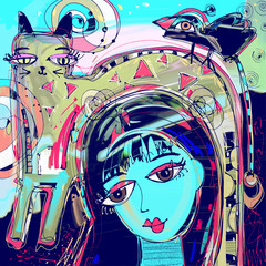 abstract digital painting of girl with a cat and bird on a head,