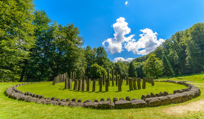 Old and religious ruins of the Roman and Dacian fortress, used as  historical sanctuary and military fort in Sarmisegetusa Hunedoara, Romania