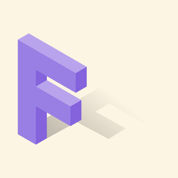 F letter in isometric 3d style with shadow. Violet F letter vector illustration