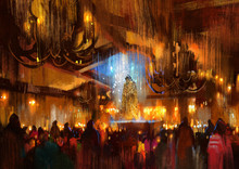 Crowd Of People Praying At Holy Night,illustration Painting