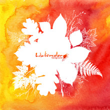 Orange Watercolor Background With White Leaves Silhouettes