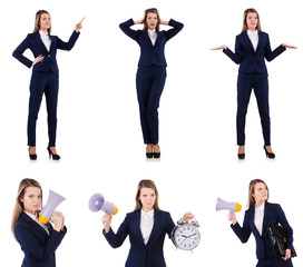 Businesswoman with loudspeaker isolated on white