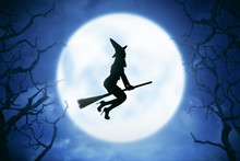 Silhouette Of Witch Woman Riding Magic Broom