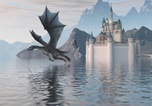3D Illustration Of A Castle On The Water And Dragon