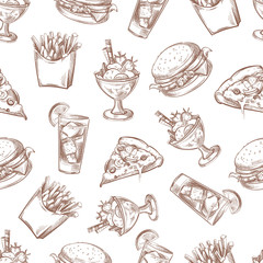 Sticker - Fast food vector seamless background, menu pattern for your packing design