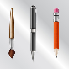 Writing Implements Including Pencil, Pen, Brush
