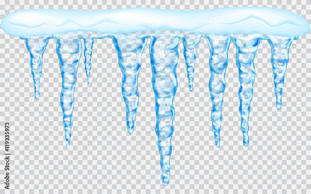 Hanging translucent icicles with snow in light blue colors on transparent background. Transparency only in vector file - obrazy, fototapety, plakaty 
