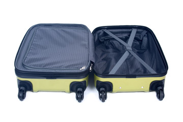 Open green hardshell luggage separated on white background