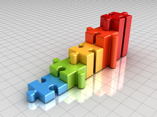 Poster - Colorful jigsaw puzzle graph chart pieces concept isolated on grid white background with reflection 3D rendering