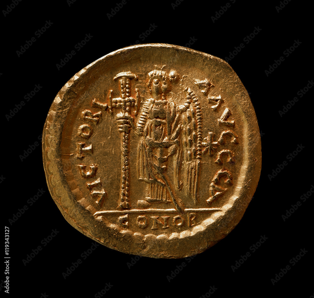 Zentharin Coin Ancient gold Byzantine coin of emperor Zenon, reverse Stock Photo ...