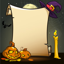 Halloween Banner With Empty Paper Scroll With Attributes. Vector