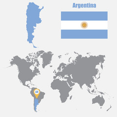 Poster - Argentina map on a world map with flag and map pointer. Vector illustration