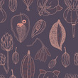 Seamless vector pattern with seeds and seed pods in autumn colors. Organic natural shapes.