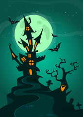 Haunted house on night background with a full moon behind. Vector Halloween background. 