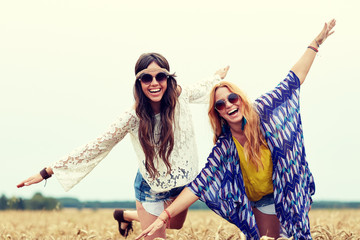 Sticker - happy hippie women having fun on cereal field