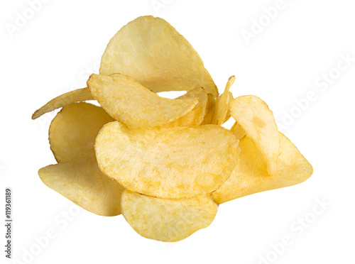 Fotografía Potato chips handful isolated on white background.