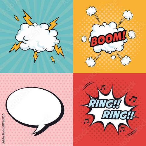 Plakat boom bańka pierścień chmura grzmot wybuch kreskówka pop artu komiks retro ikona komunikacji. Kolorowy wzór. Ilustracji wektorowych