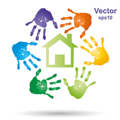 Wall Mural - Vector conceptual children painted hand print and house symbol isolated on white background