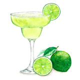 Fototapeta Pokój dzieciecy - Hand drawn watercolor illustration of fresh Margarita cocktail with green limes isolated on the white background