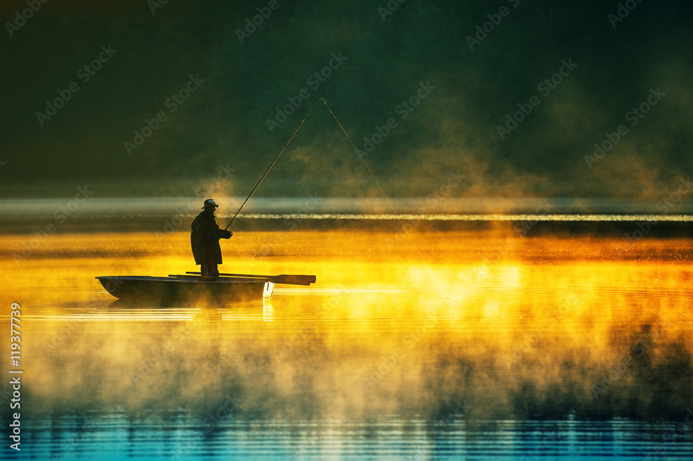 man fishes in the lakes of the Mazury - obrazy, fototapety, plakaty 