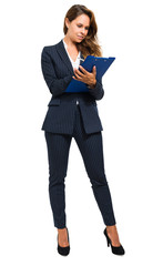 Poster - Beautiful businesswoman full length portrait writing on clipboard

