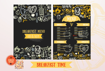 Breakfast menu design template. Modern hand-drawn sketch with lettering with Bread, cake, tea, eggs. Food design template with seamless pattern.