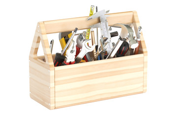 Poster - wooden toolbox with tools, 3d rendering