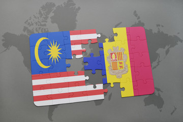 puzzle with the national flag of malaysia and andorra on a world map background.