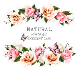 Leinwandbilder - Natural vintage greeting card with roses. Vector.