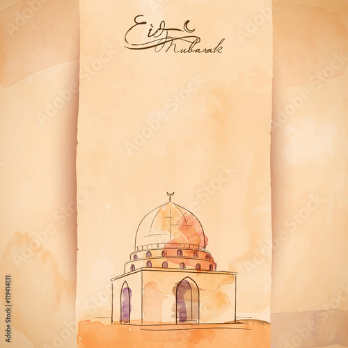 Eid Mubarak Greeting Banner Background Islamic Mosque Watercolor