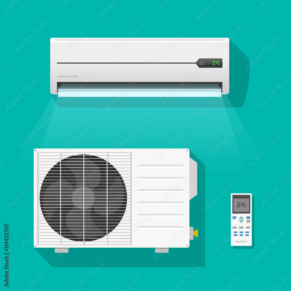 Air conditioner vector set isolated on green color background, flat air  conditioning unit system and remote control icons Stock Vector | Adobe Stock, image size:1000x1000