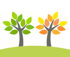 Wall Mural - green spring and autumn orange tree.