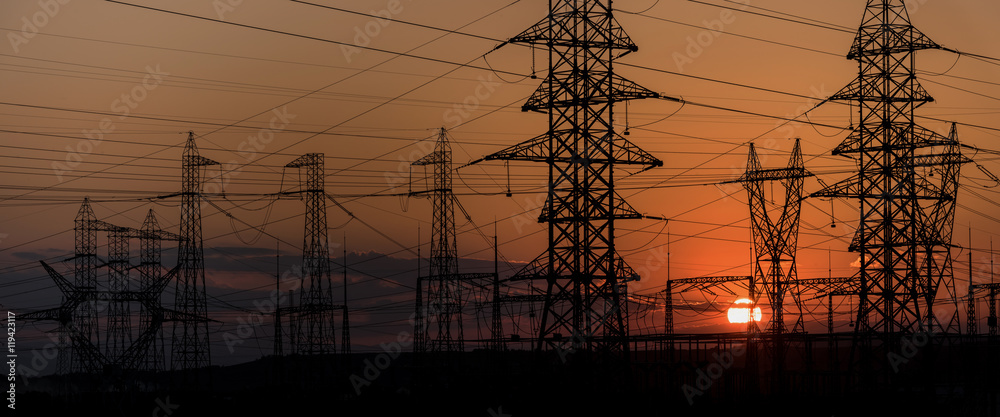 High voltage electric tower line. Electricity transmission pylon ...
