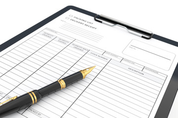 Poster - Parcel Delivery Receipt with Golden Fountain Writing Pen. 3d Ren