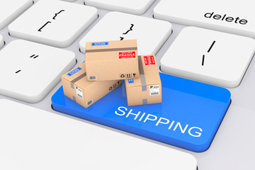 Poster - Online Shopping Concept. Blue Shopping Button with Cardboard Box