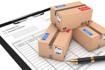 Poster - Cardboard Parcel Package over Delivery Note. 3d Rendering