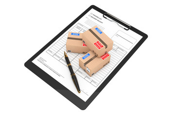 Poster - Cardboard Parcel Package over Delivery Note. 3d Rendering