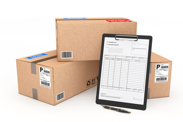 Poster - Cardboard Parcel Package with Delivery Note. 3d Rendering