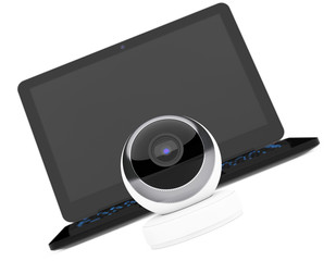 Aufkleber - White Spherical Web Camera in front of Laptop. 3d Rendering