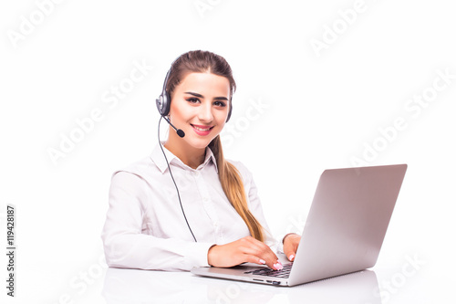 Fotografía Young and smiling operator isolated over white background