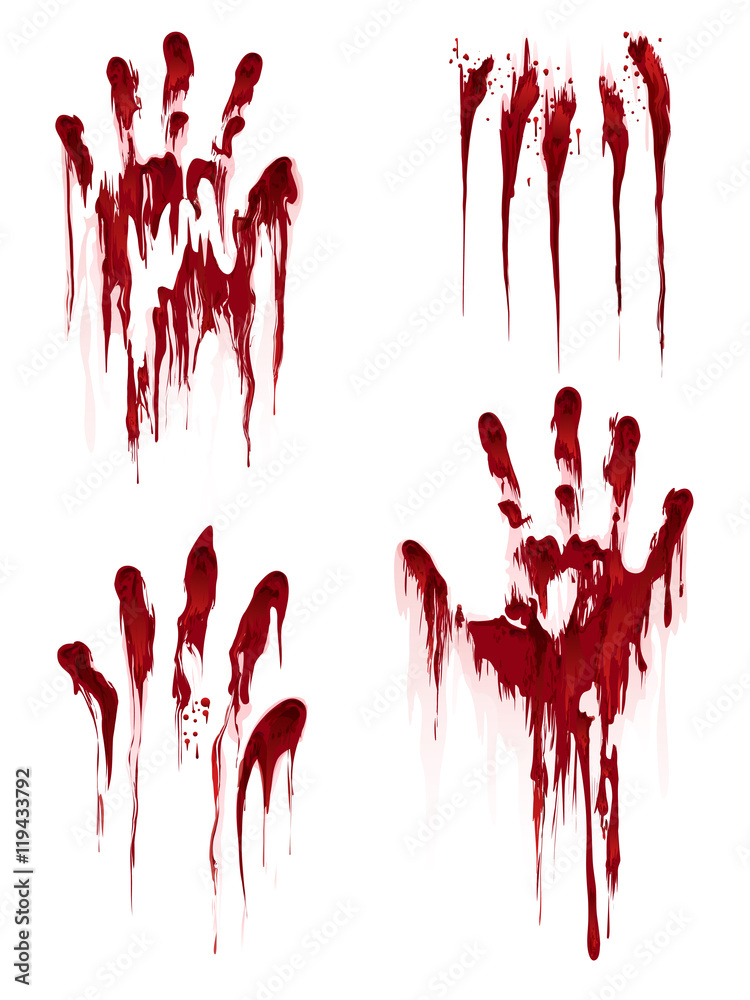 Bloody hand print isolated on white background. Horror scary blood dirty handprint and fingerprint vector illustration - obrazy, fototapety, plakaty 