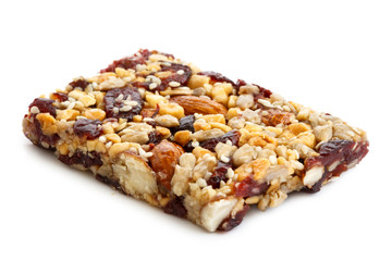 Poster - Fruit, nut and seed bar with cranberries isolated on white.