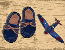 Boys Casual Shoes And Plane Toy Vector