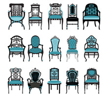 Vintage Chair Furniture Set Collection  Vector. Rich Carved Ornaments Furniture. Vector Victorian Style Furniture. Royal Blue Color Sketch