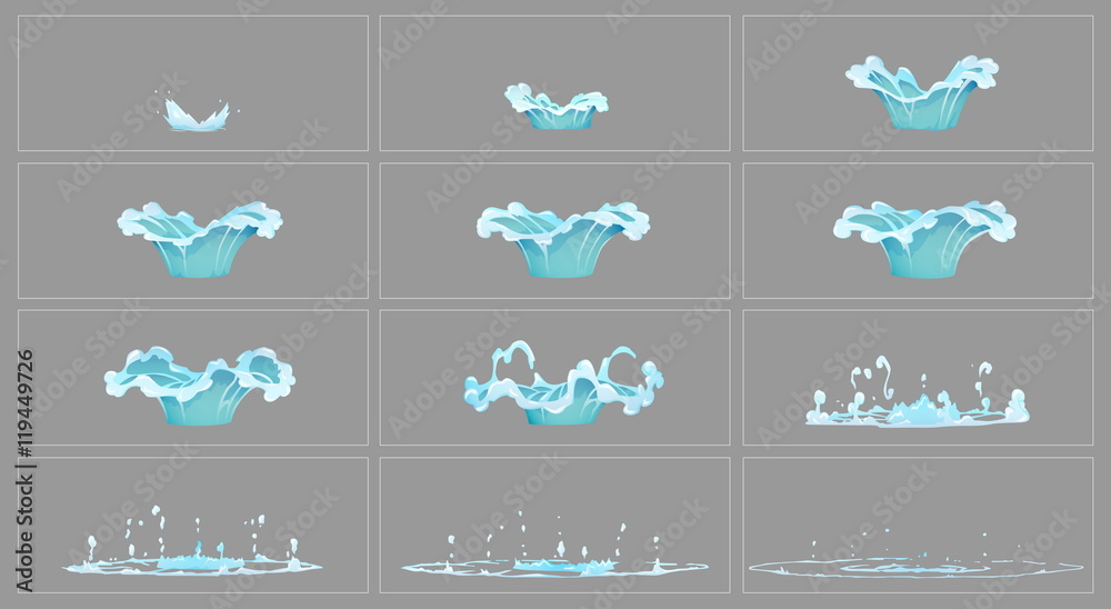Dripping water special effect fx animation frames sprite sheet. Clear water drop burst frames for flash animation in games, video and cartoon. - obrazy, fototapety, plakaty 