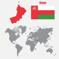 Poster - Oman map on a world map with flag and map pointer. Vector illustration
