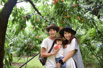 young family is smiling at peach orchard